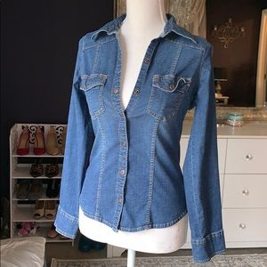 GUESS stretch denim blue snap up top shirt XS